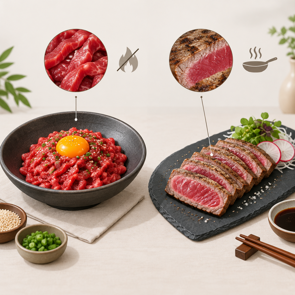 AI 생성 설명 이미지: 안산일동맛집 유니드정육식당 | 육회와 소고기 타다끼, 익힘과 제공 형태의 차이